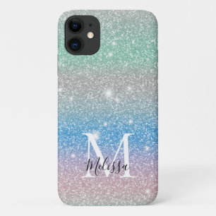 Pastel Gradient Glitter Sparkle Monogram Name iPhone 11 Case