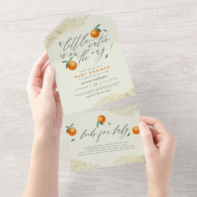 Pastel Green A Little Cutie Orange Baby Shower All In One Invitation (Tearaway)