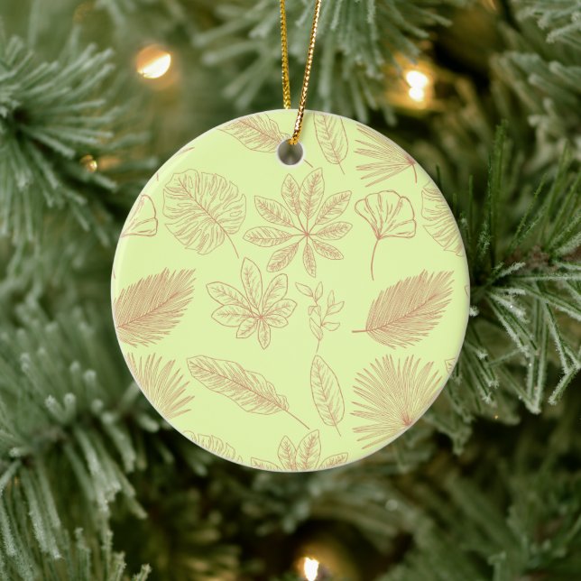 Pastel Green and Beige Leaves Pattern  Ceramic Ornament (Tree)