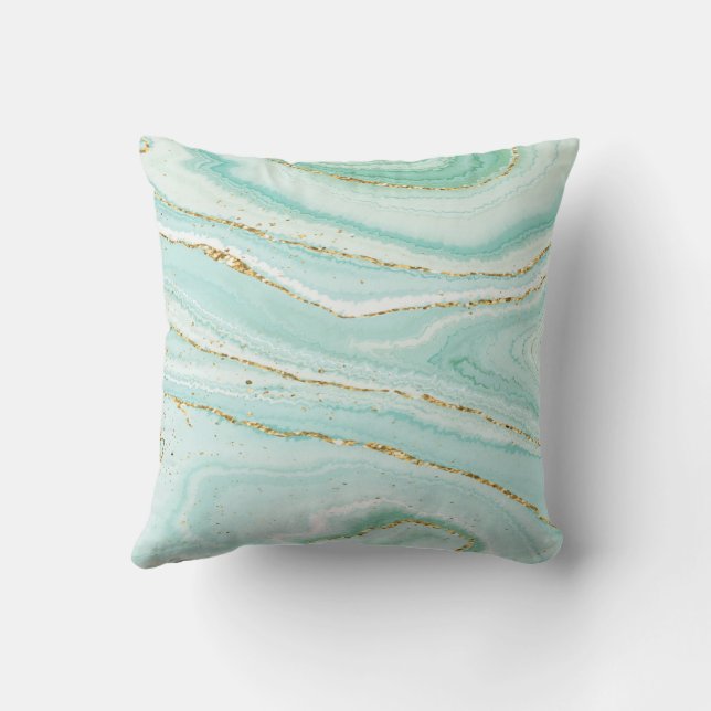 Pastel Green And Blue Liquid Marble Throw Pillow (Back)