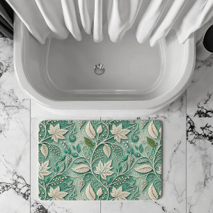 Pastel Green Beige Vintage Botanical Pattern Bath Mat