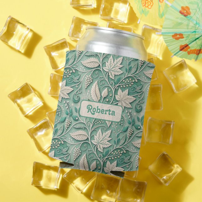 Pastel Green Beige Vintage Botanical Pattern Can Cooler (In Situ Summer)