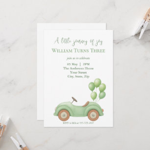 Pastel Green Car & Balloon Birthday Invitatio Invitation