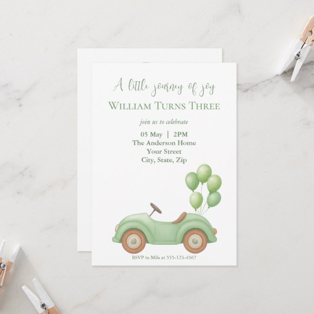 Pastel Green Car & Balloon Invitation Anniversaire (Devant/Arrière en situation)
