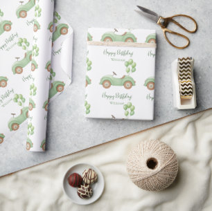 Pastel Green Car & Balloon Wrapping Paper