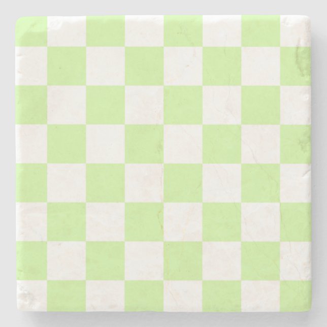 Pastel Green Chequered Gingham Pattern Stone Coaster (Front)