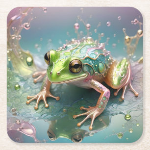 Pastel Green Frog Fractal Art Design, Square Paper Coaster
