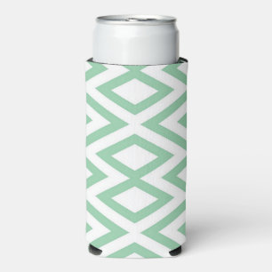 Pastel green geometric pattern white seltzer can cooler