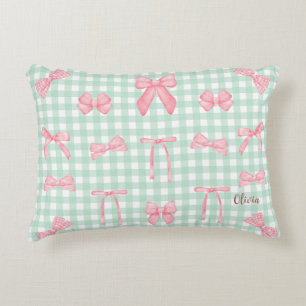 Pastel Green Gingham Pink Bow   Accent Pillow