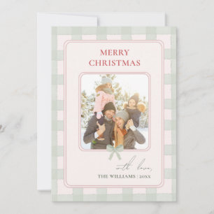 Pastel Green Gingham Plaid Christmas One Photo Holiday Card