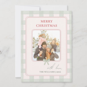 Pastel Green Gingham Plaid Christmas Two Photo Holiday Card