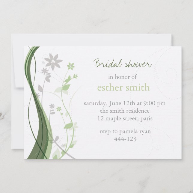 Pastel green & grey floral charm invitation (Front)