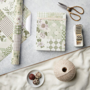 Pastel Green Lilac Quilt Earthy Gingham Patchwork Wrapping Paper