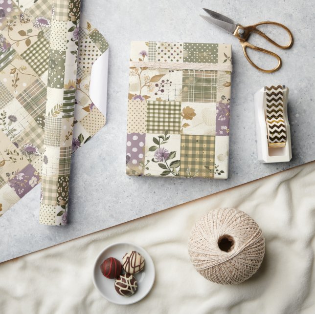 Pastel Green Lilac Quilt Earthy Gingham Patchwork Wrapping Paper (Crafts)