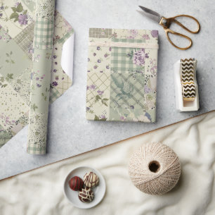 Pastel Green Lilac Quilt Earthy Gingham Patchwork Wrapping Paper