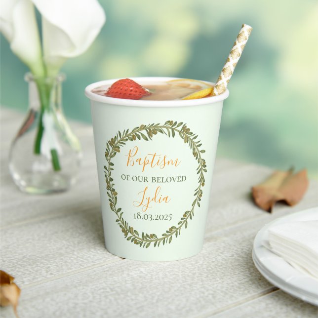Pastel Green Olive Wreath Paper Cups (Insitu)