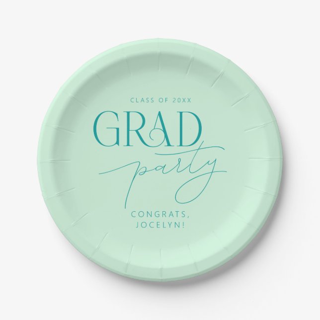 Pastel Green Personalized Minimalist Grad Party Paper Plate (Front)