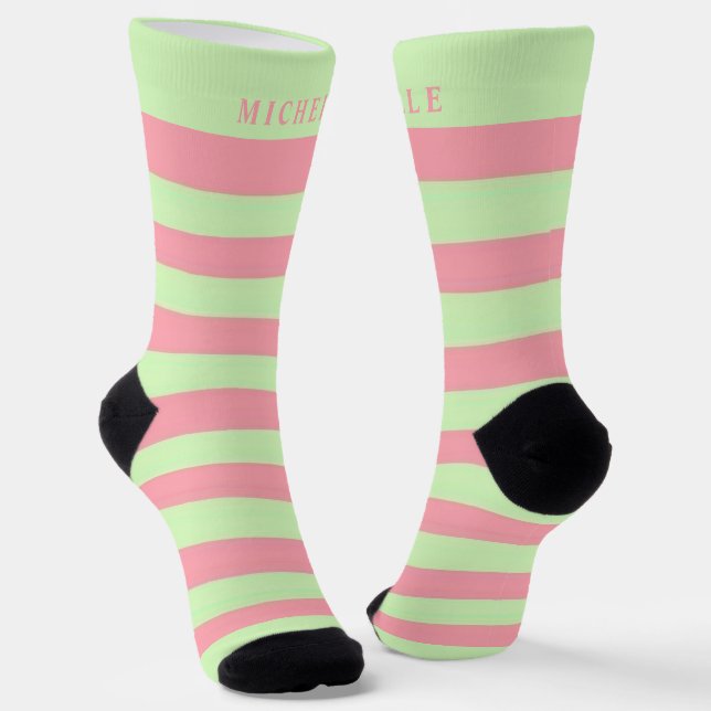 Pastel Green Pink Striped For Custom Name  Socks (Angled)