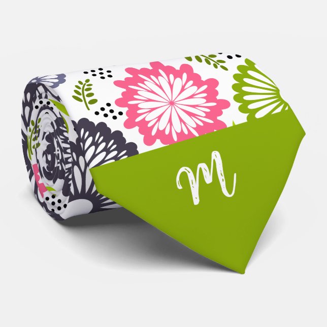 Pastel green pink teal flowers Vintage Monogram Tie (Rolled)