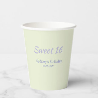 Pastel green purple sweet 16th birthday name bold paper cups