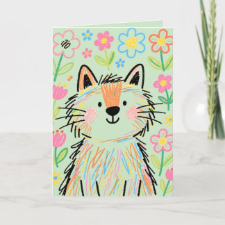 Pastel Green Scribble Cat Greetings Card