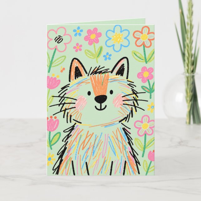 Pastel Green Scribble Cat Greetings Card (Front)