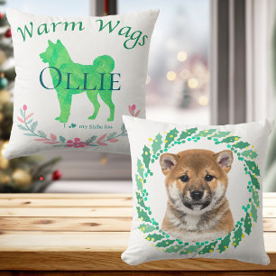 Pastel Green Shiba Inu Personalized Christmas Throw Pillow