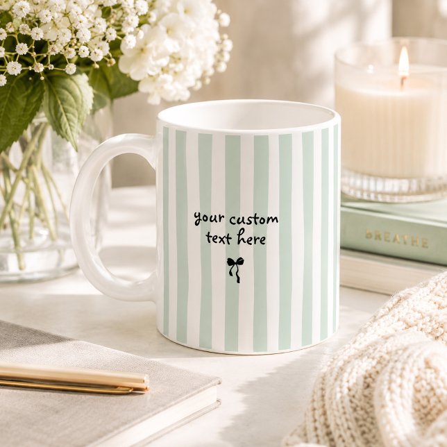 Pastel Green Stripes Custom Text Bow Personalized Coffee Mug (Pastel sage green striped personalized coffee mug with custom text and petite bow.)