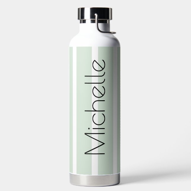 Pastel Green Stripes with Name Water Bottle (Left)