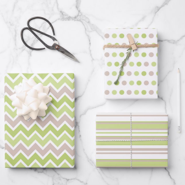 PASTEL GREEN & TAN STRIPES POLKA DOTS ZIG ZAG WRAPPING PAPER SHEET (Front)