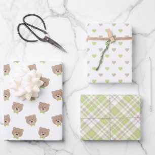 PASTEL GREEN & TAN TEDDY BEAR FACES HEARTS PLAID WRAPPING PAPER SHEET
