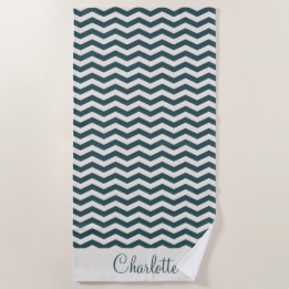 Pastel green teal name zig zag stripe geometric beach towel