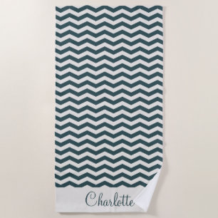 Pastel green teal name zig zag stripe geometric beach towel