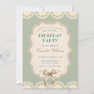 Pastel green vintage classic bow birthday invitation
