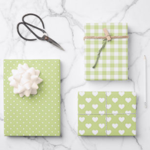 PASTEL GREEN & WHITE HEARTS POLKA DOTS CHECKS WRAPPING PAPER SHEET