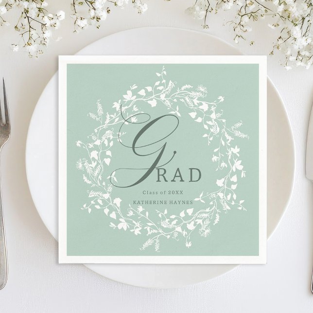 Pastel Green White Wildflower Wreath Graduation  Napkin (Creator Uploaded)