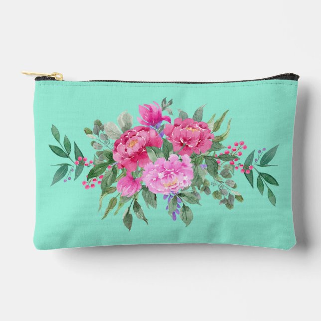 Pastel Green with Pink Roses Accessory Pouch (Front)