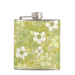 Pastel Green & Yellow Flower Pattern Hip Flask