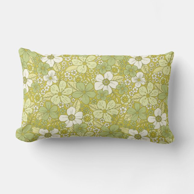 Pastel Green & Yellow Flower Pattern Lumbar Pillow (Front)
