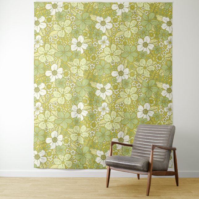 Pastel Green & Yellow Flower Pattern Tapestry (In Situ)