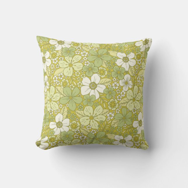 Pastel Green & Yellow Flower Pattern Throw Pillow (Front)