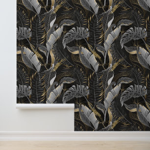 Pastel Grey & Gold Tropical Palm Leaves Black Wallpaper