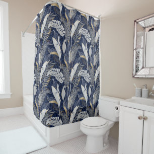 Pastel Grey & Gold Tropical Palm Leaves Dark Blue