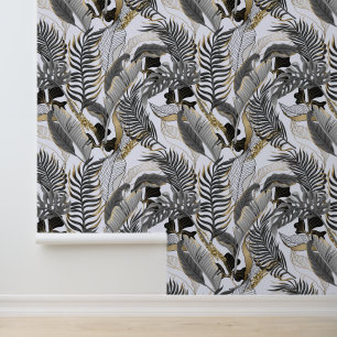 Pastel Grey Gold Tropical Palm Leaves Titan White Wallpaper