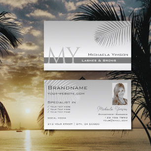 Pastel Grey Gradient Palm Leaf Monogram and Photo Business Card