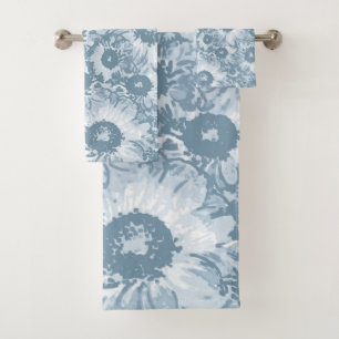 Pastel Grey Navy Floral Pattern Bath Towel Set
