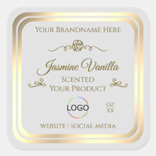 Pastel Grey Product Label with Gold Frame and Logo
