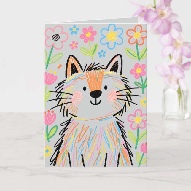 Pastel Grey Scribble Cat Greetings Card (Orchid)