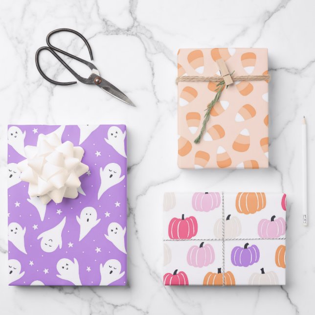 Pastel Halloween Baby Ghosts Pumpkins Lavender Wrapping Paper Sheet (Front)