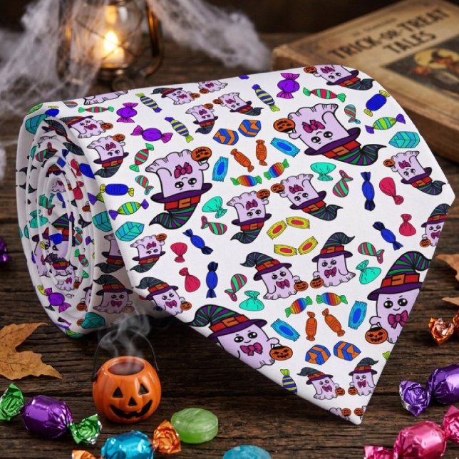 Pastel Halloween Candy & Cute Witch Ghosts Pattern Tie (Creator Uploaded)